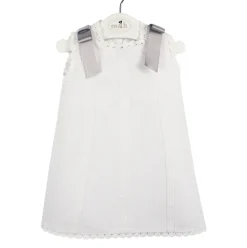 Baby’s long Dress in white piqué fabric and grey bows