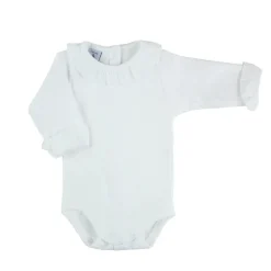 Long sleeve bodysuit with batiste collar in white