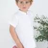 Mao collar shirt short sleeves white linen