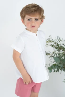 Mao collar shirt short sleeves white linen