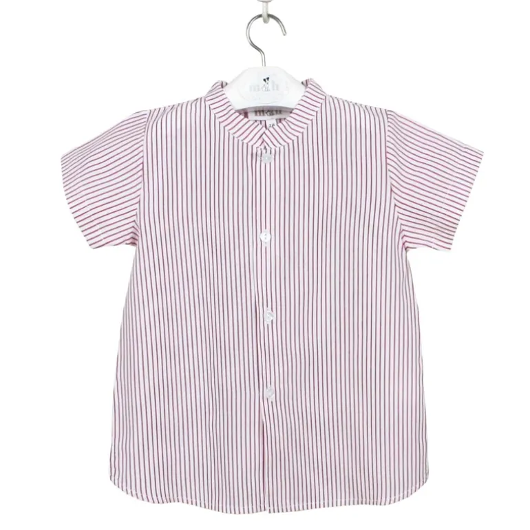 Mao collar shirt. Short sleeves red stripes