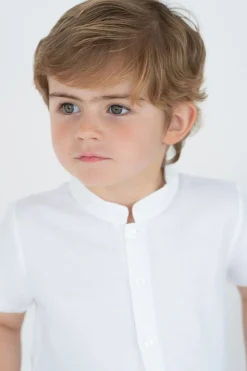 Mao collar shirt short sleeves white linen