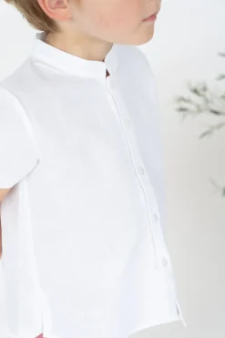Mao collar shirt short sleeves white linen