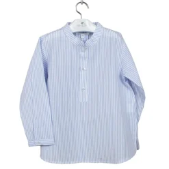 Mao collar shirt. Three buttons blue stripes