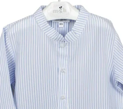 Mao collar shirt. Three buttons blue stripes