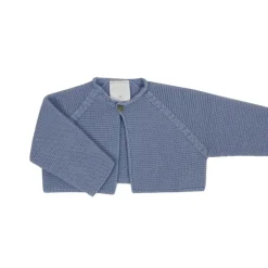 Medium blue short thick knit cardigan with one button