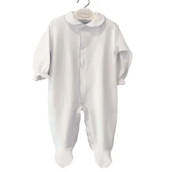 m&h sleepsuit in white and blue stitch