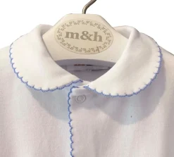m&h sleepsuit in white and blue stitch