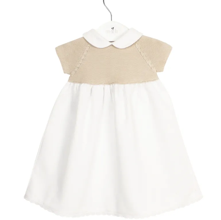 Piqué baby dress with beige knit