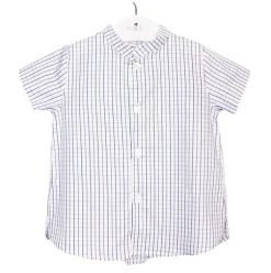 short-sleeve mao collar shirt with green and navy checkered pattern