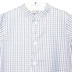 short-sleeve mao collar shirt with green and navy checkered pattern